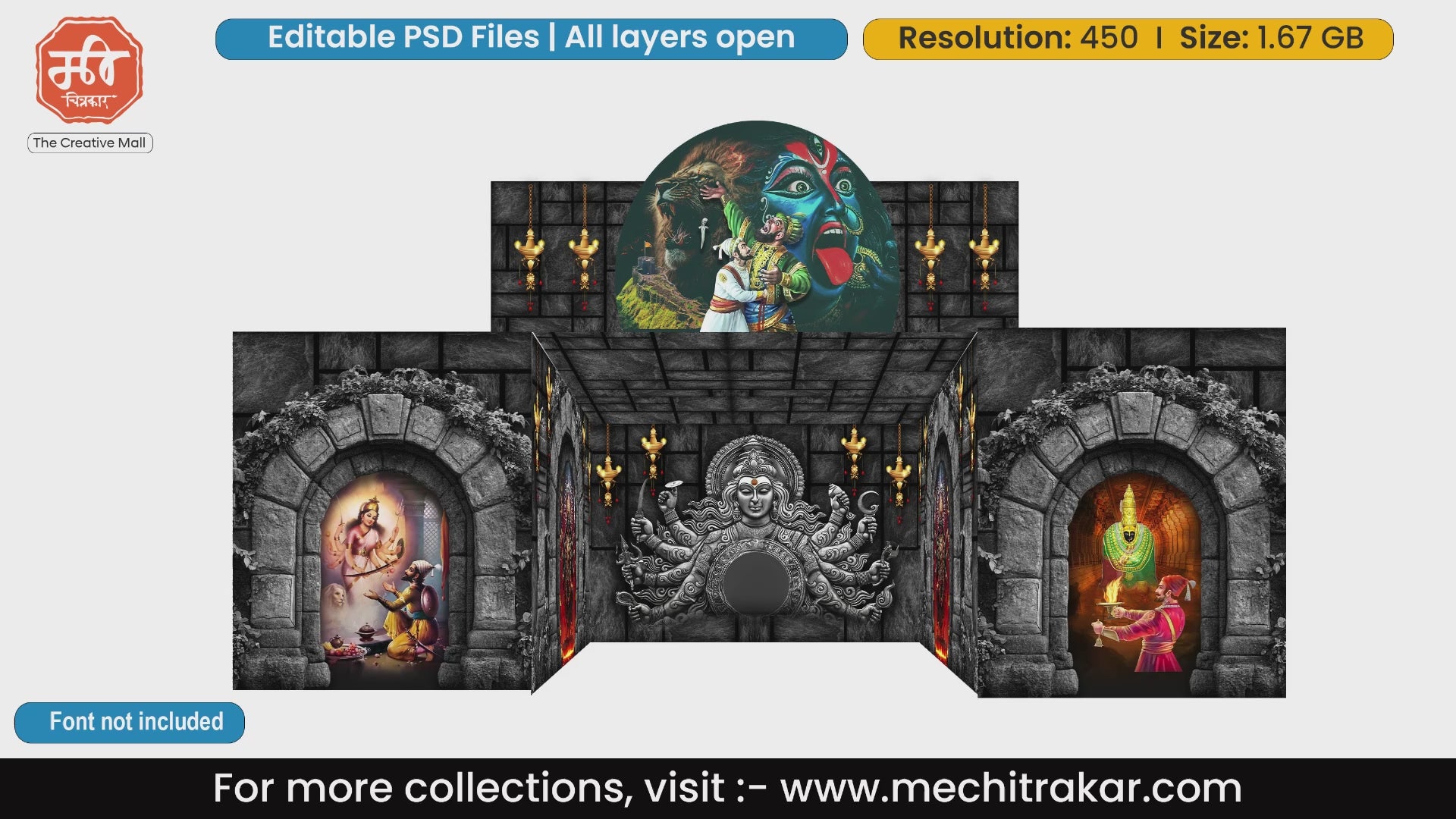 Chhatrapati Shivaji Maharaj and Goddess Bhavani fort 5 Side Decoration editable psd template for historical events.