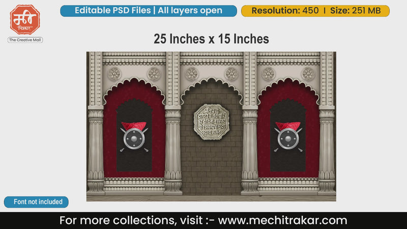Rajmudra and Maratha Feta backdrop editable PSD template with traditional shield and crossed swords for Shivjayanti.