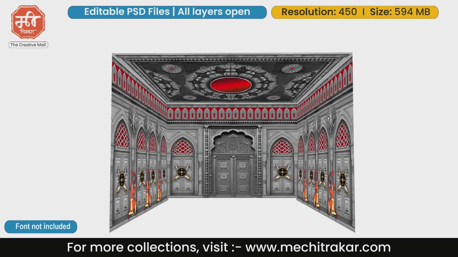 Historic silver fort darbar featuring swords and shields 4 Side Decoration editable psd template for heritage event printing.