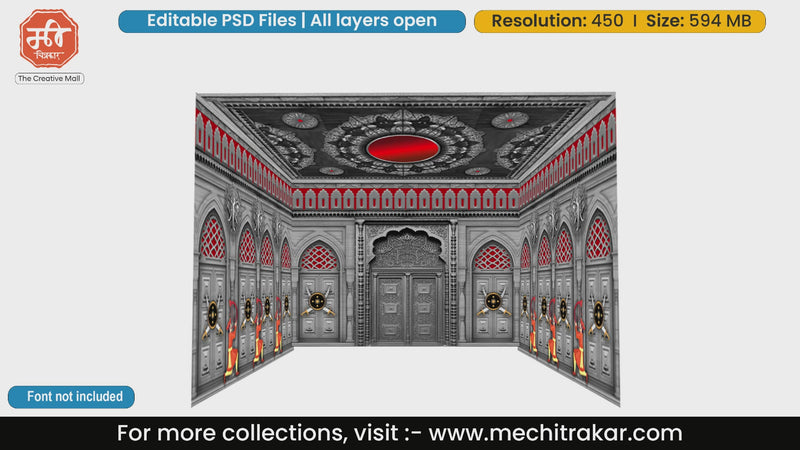 Historic silver fort darbar featuring swords and shields 4 Side Decoration editable psd template for heritage event printing.