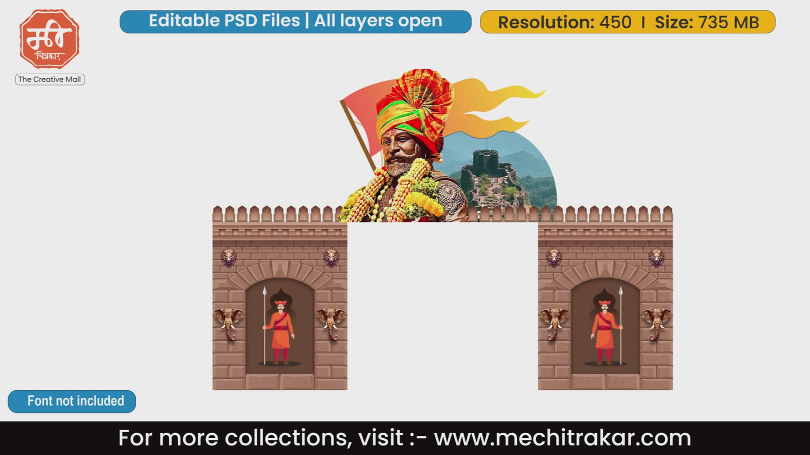 Detailed stone fort entrance gate with Chhatrapati Shivaji Maharaj statue, editable PSD.