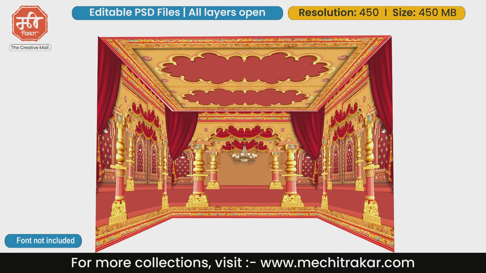 Festive red and orange mandap 4 Side Decoration editable psd template with glowing golden traditional pillars.