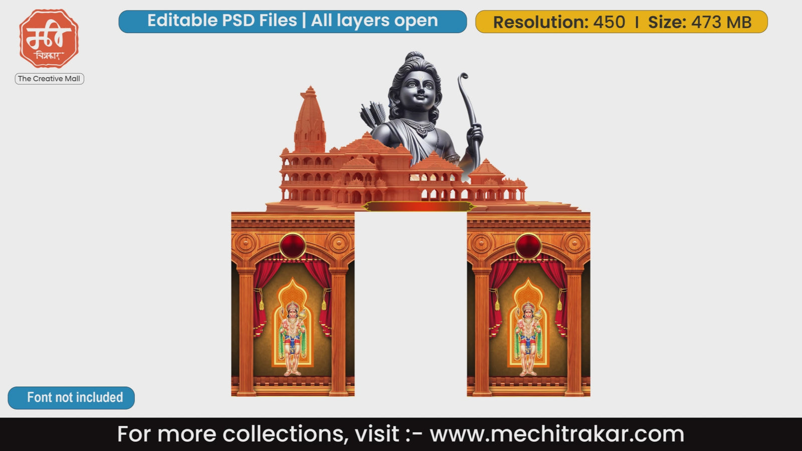 Highly detailed Ayodhya Ram Mandir-themed editable PSD entry gate template.