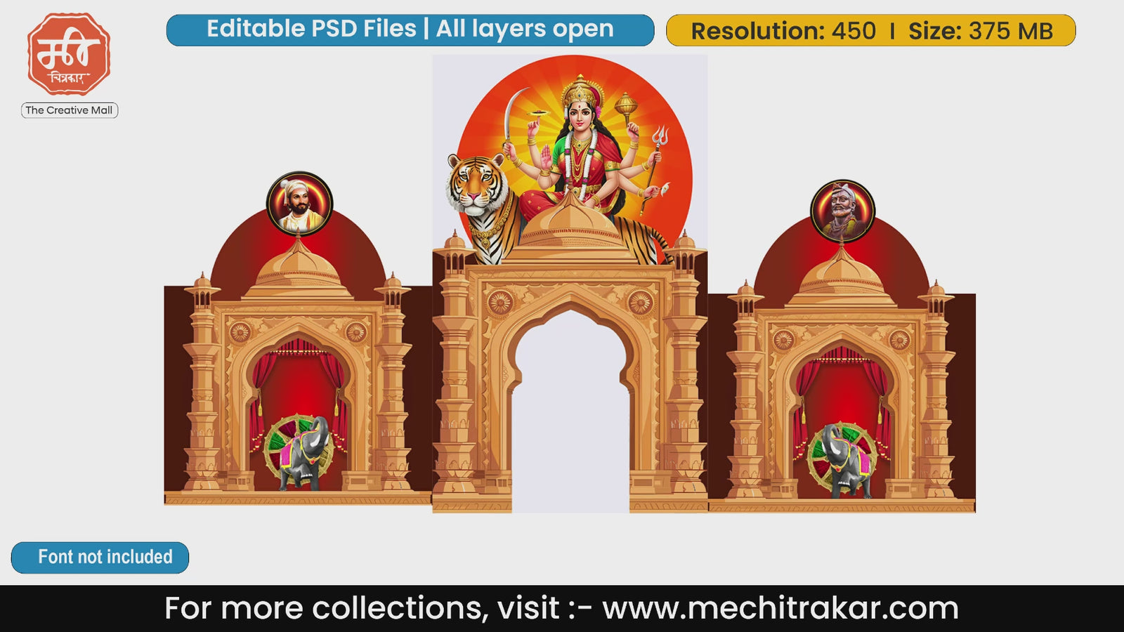 Editable layered template for Navratri entrance arch in PSD format displaying Goddess Durga riding her tiger tiger with Maratha empire elements.