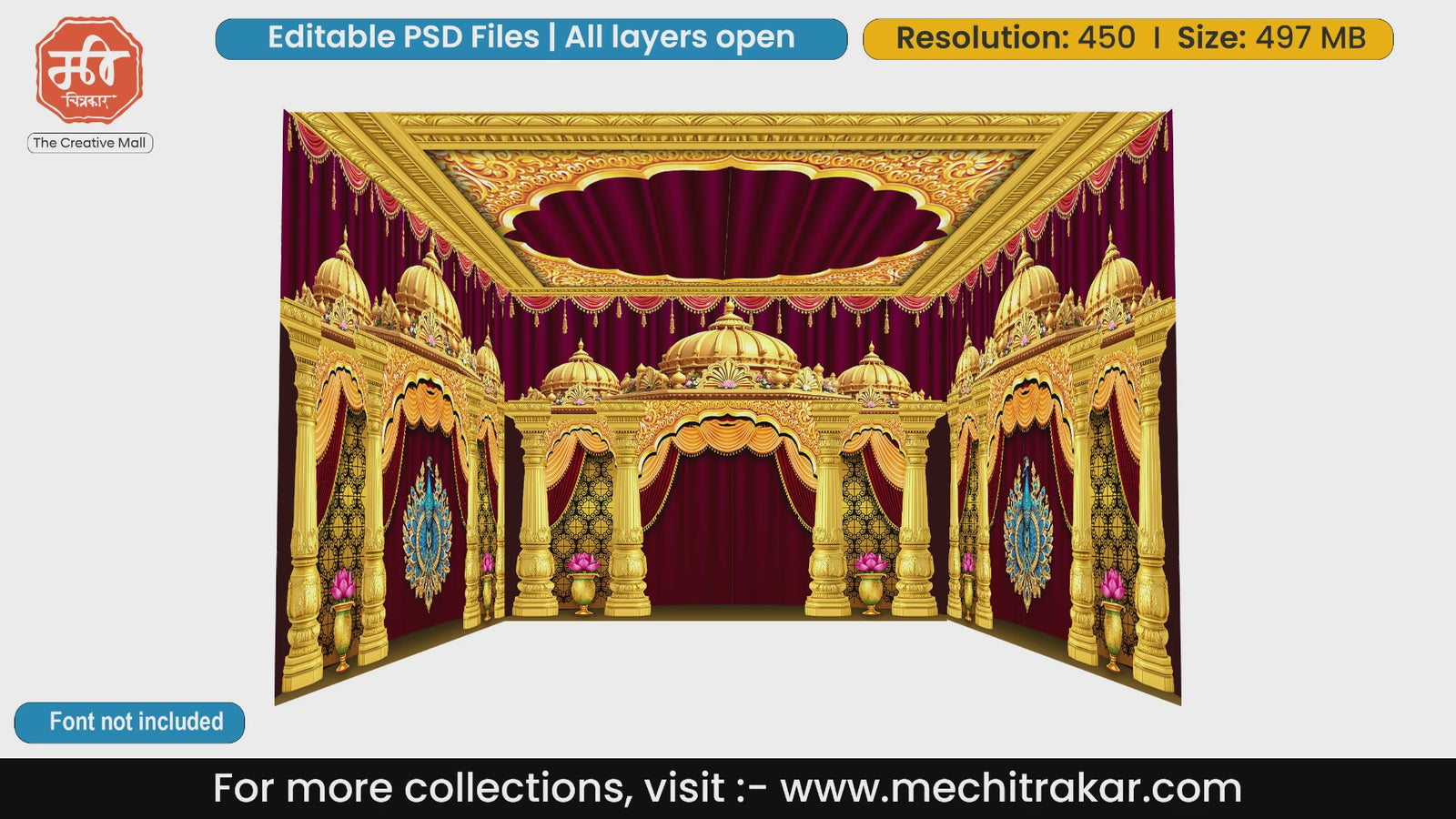 Royal maroon drapes and golden domes 4 Side Decoration editable psd template