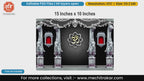 Editable PSD template of silver temple pillars with an Om symbol and elephant carvings for Hindu religious ceremonies and B2B digital marketing.