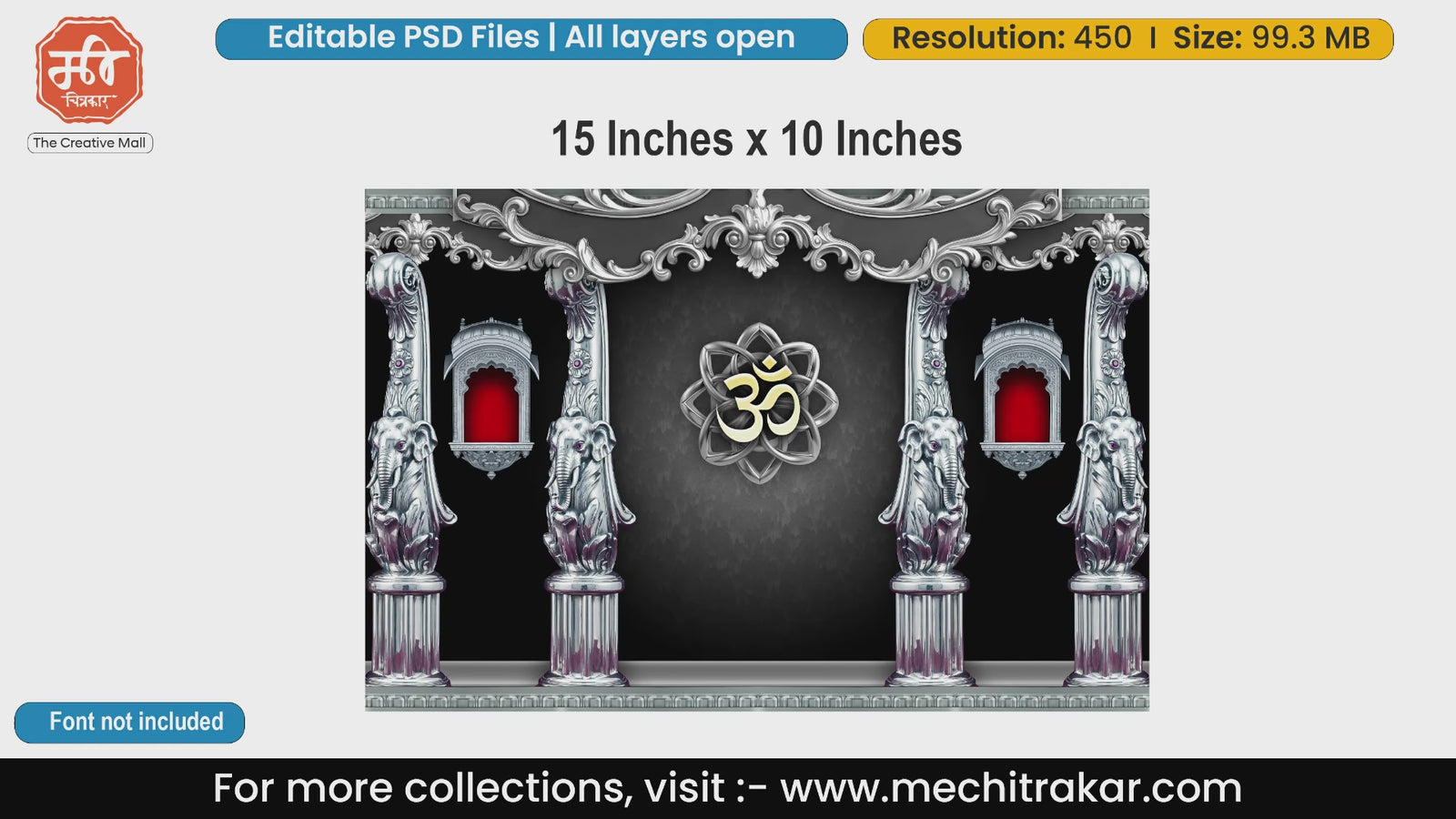 Editable PSD template of silver temple pillars with an Om symbol and elephant carvings for Hindu religious ceremonies and B2B digital marketing.