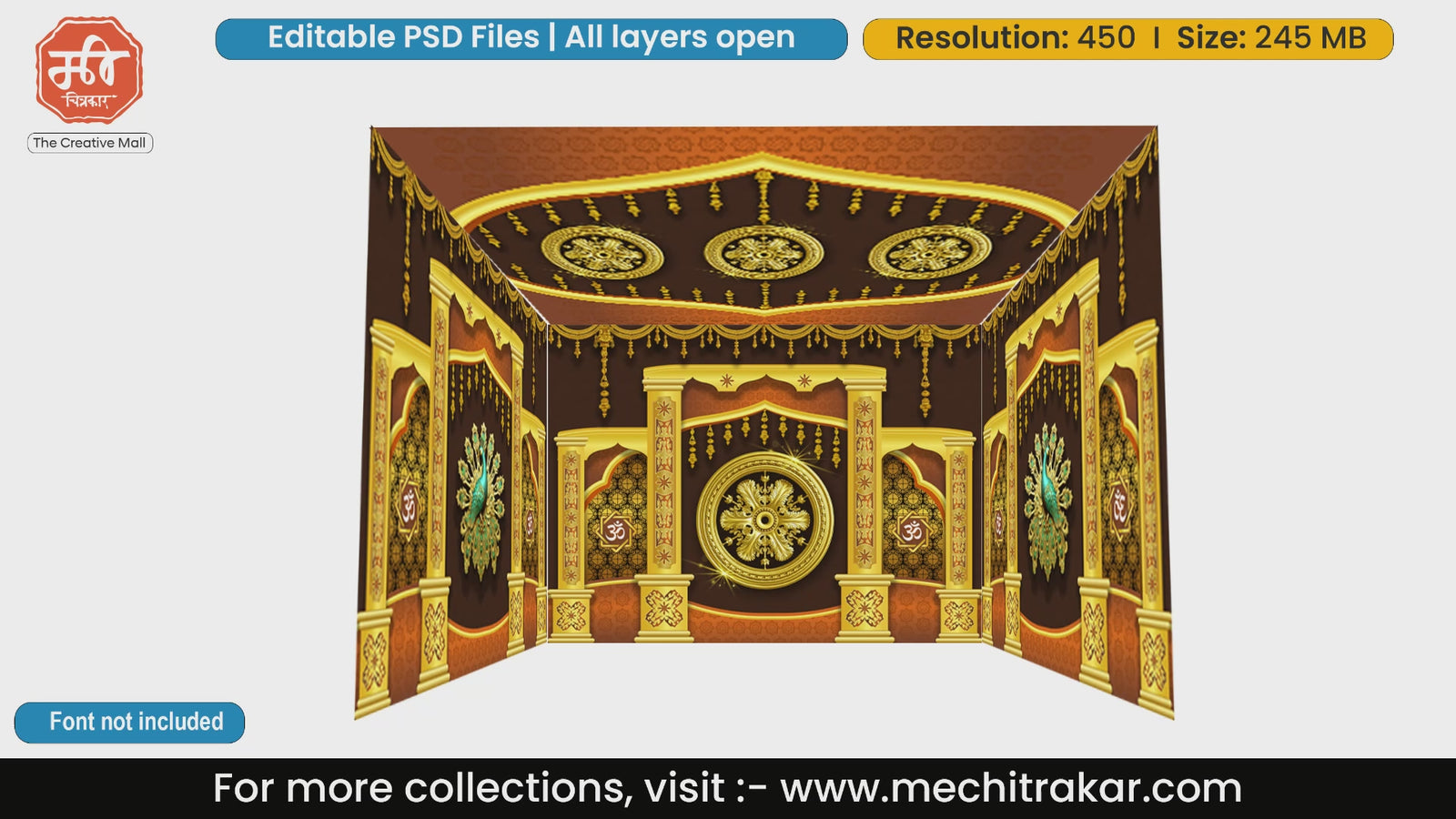 Elegant brown background with Om symbol and peacocks 4 Side Decoration editable psd template perfect for spiritual event decoration.