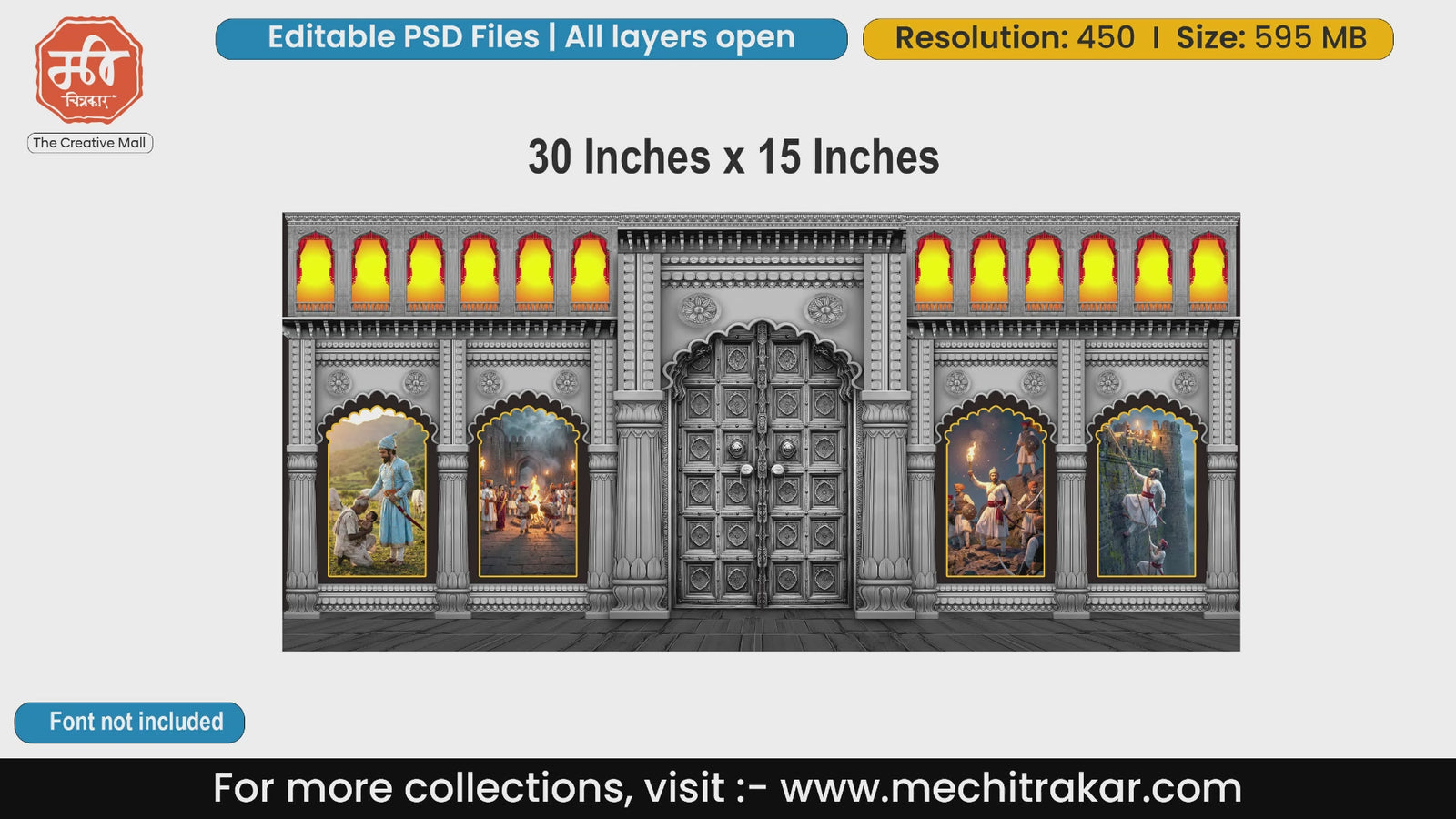 Detailed multi-panel historical scenes of Maratha empire forts editable PSD template.