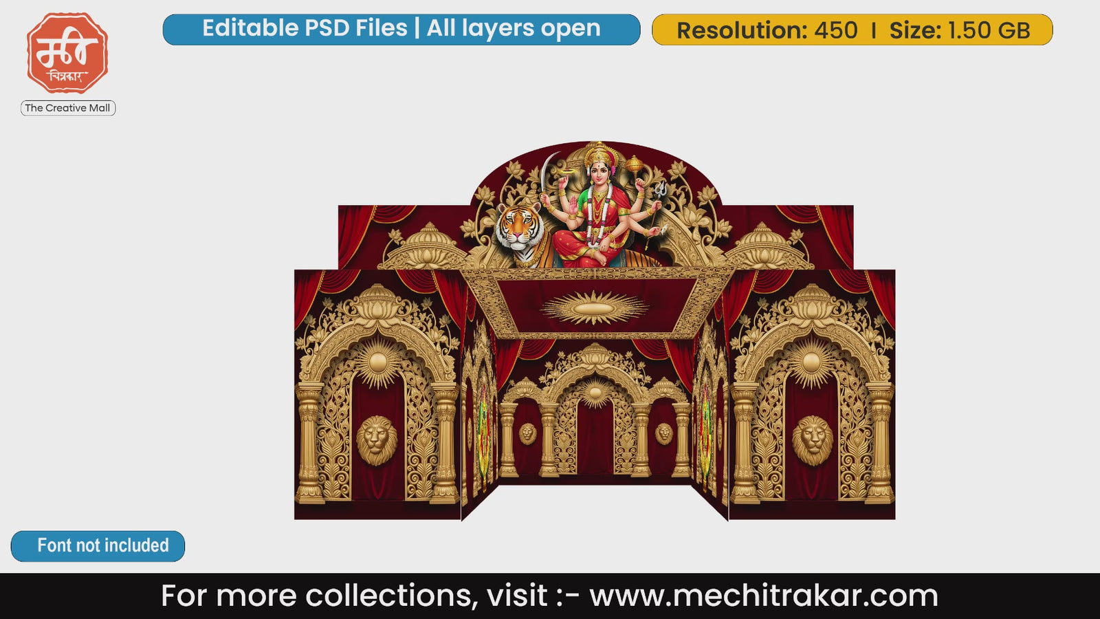 Goddess Durga on tiger with golden arches for 5 Side Decoration editable psd template