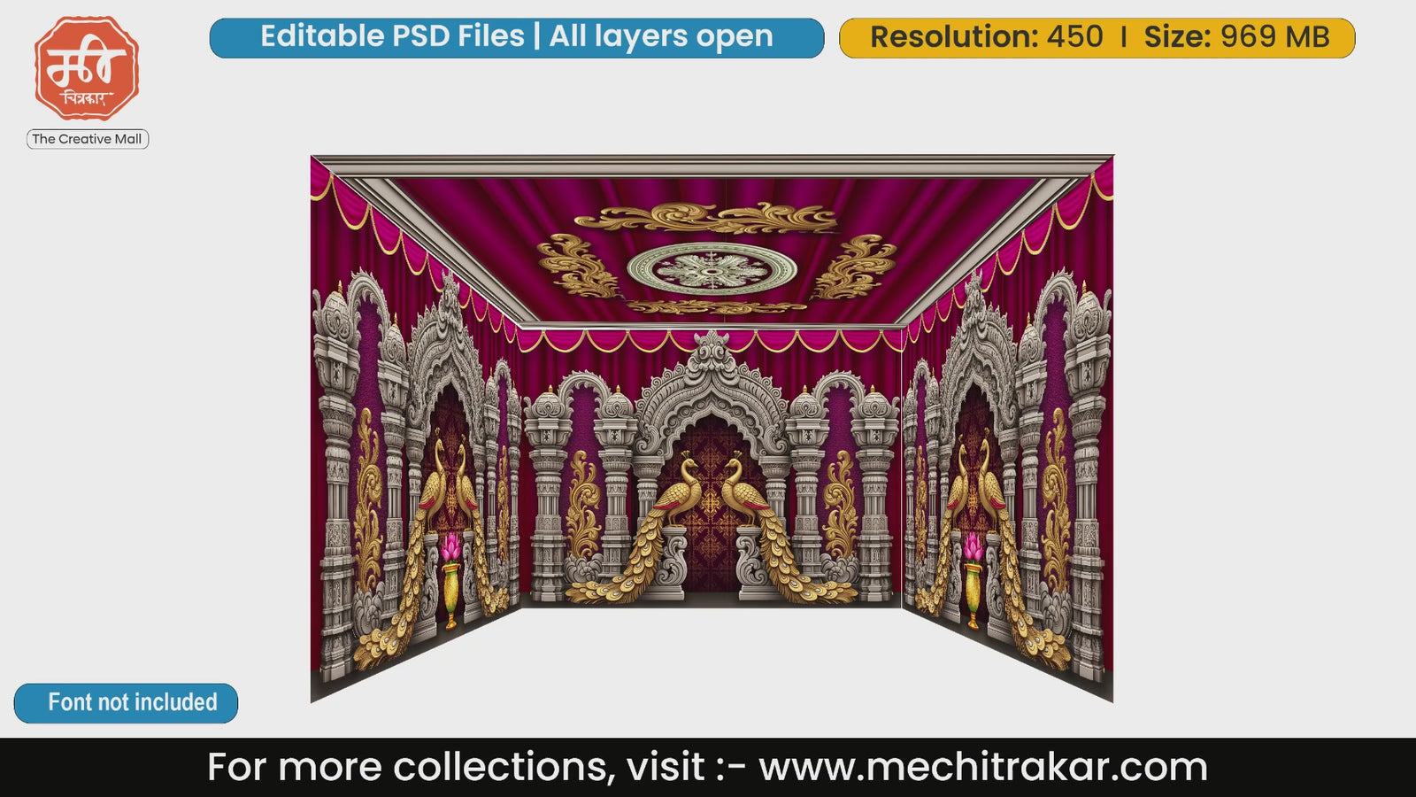 Silver carved pillars and magenta drape 4 Side Decoration editable psd template featuring golden peacock showpieces