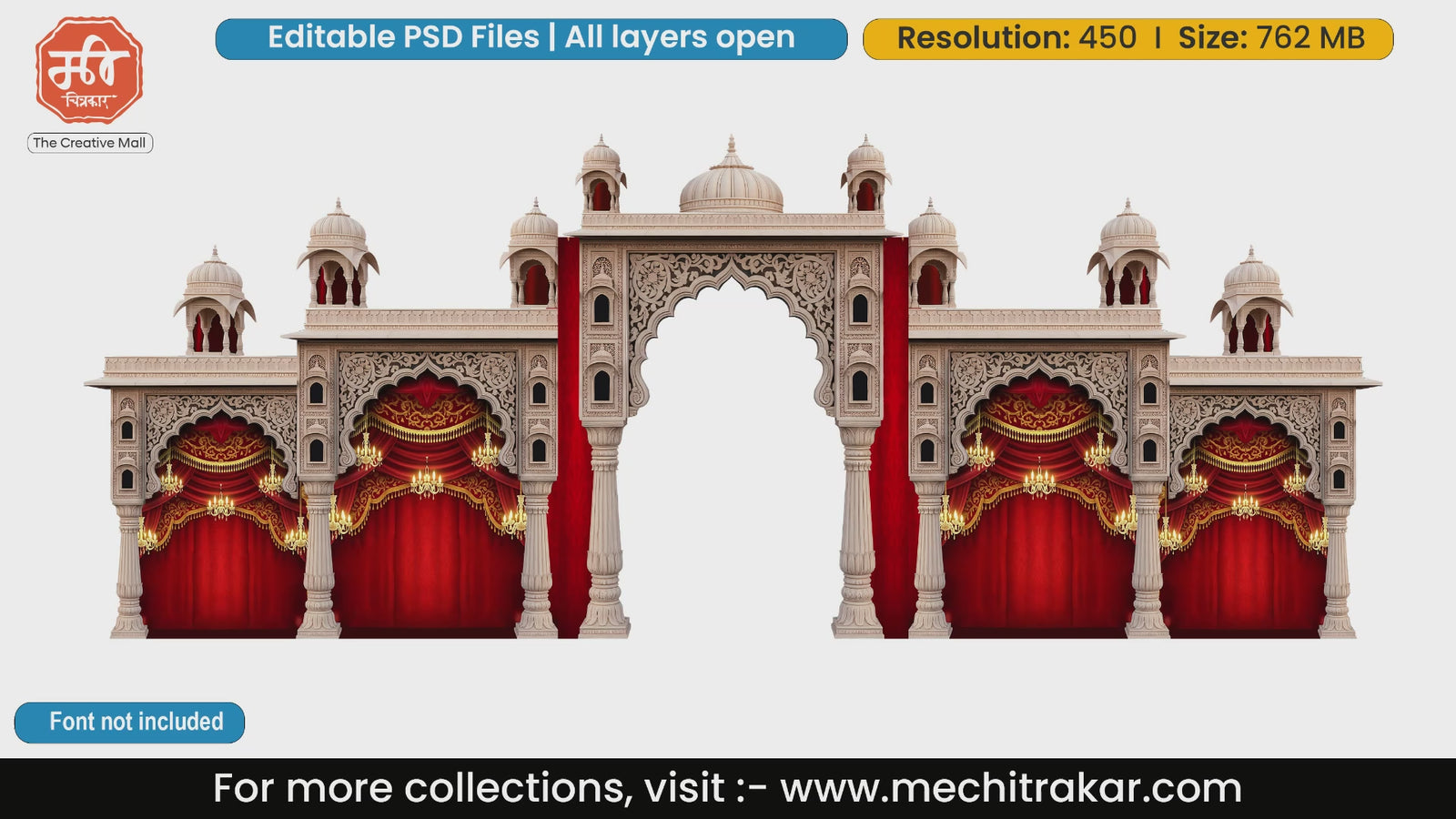 Elegant Rajwada palace entrance design with red curtains editable PSD template for premium events