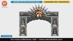 Royal throne entry gate editable PSD template showing Chhatrapati Shivaji Maharaj seated on Sinhasan with silver sunburst for flex printing.