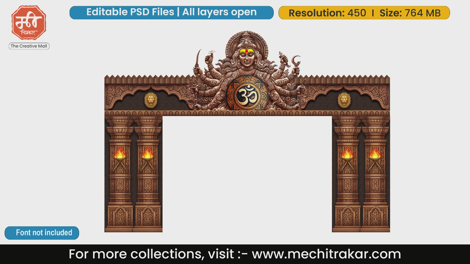 Bronze Goddess Durga Entry Gate Editable PSD Template with Om Symbol