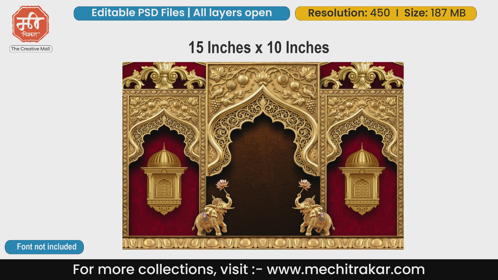 Golden lantern arch with elephants on red backdrop editable psd template