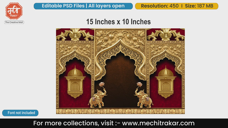 Golden lantern arch with elephants on red backdrop editable psd template