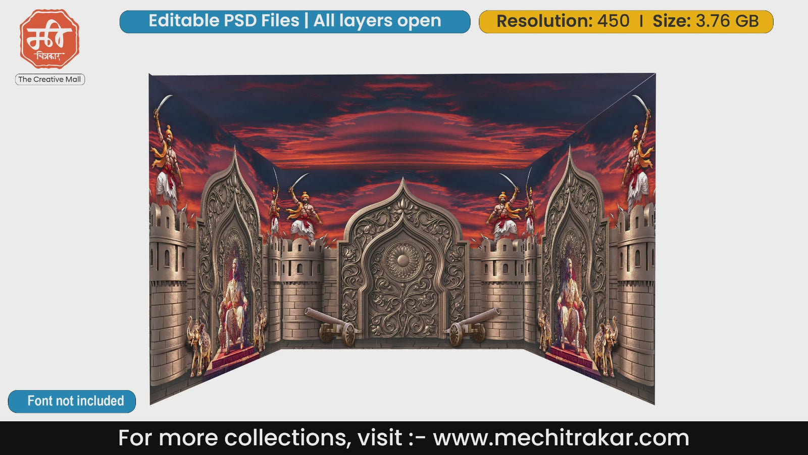 Chhatrapati Shivaji Maharaj on throne with Maratha warriors 4 Side Decoration editable psd template