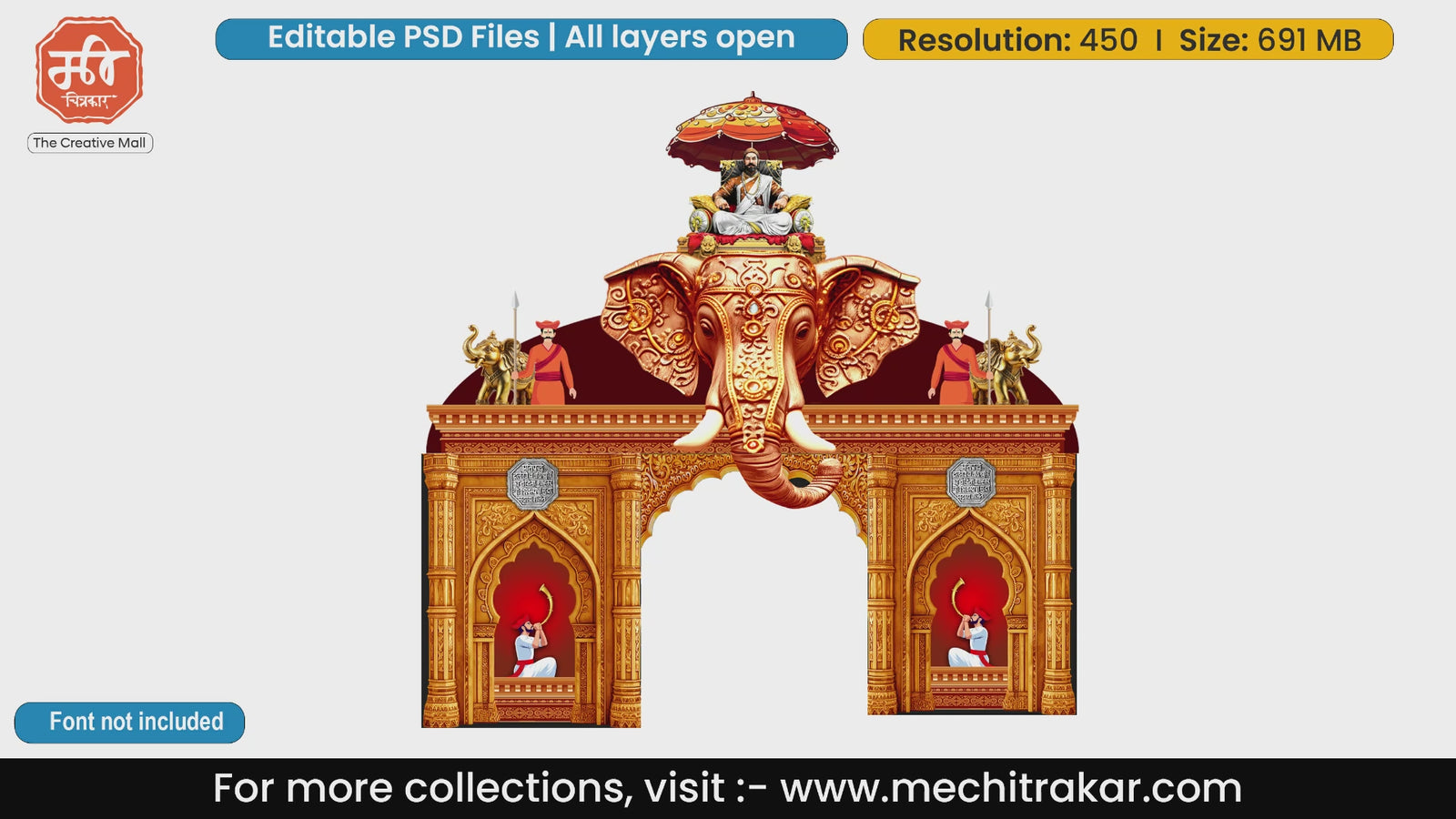 Editable PSD template of grand Swarajya entrance gate featuring Chhatrapati Shivaji Maharaj, majestic elephant head, and traditional Mawale guards with tutari.