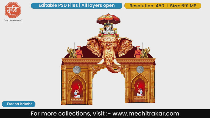 Editable PSD template of grand Swarajya entrance gate featuring Chhatrapati Shivaji Maharaj, majestic elephant head, and traditional Mawale guards with tutari.