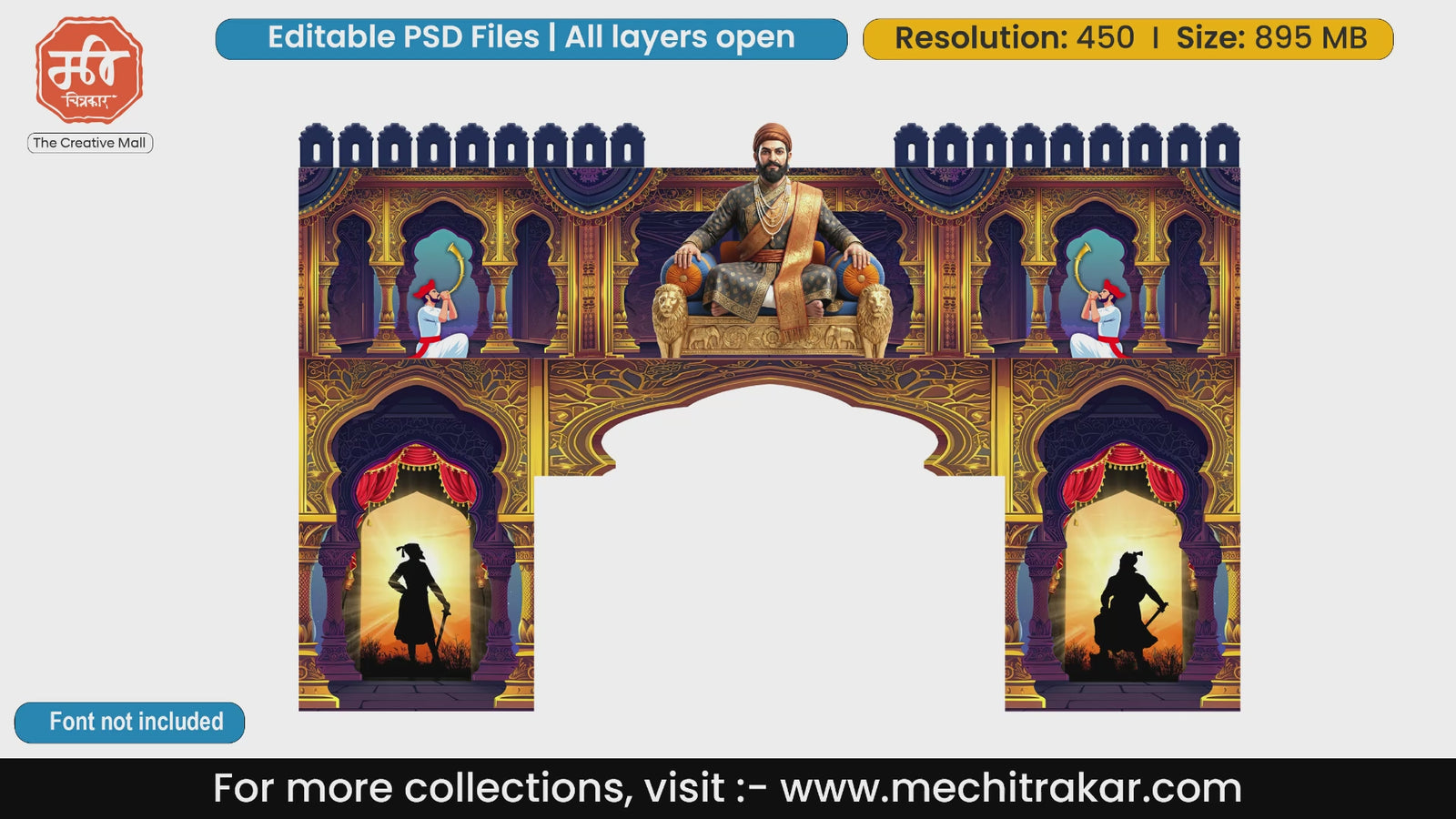 Grand royal palace entry gate editable PSD template with tutari players and Chhatrapati Shivaji Maharaj.
