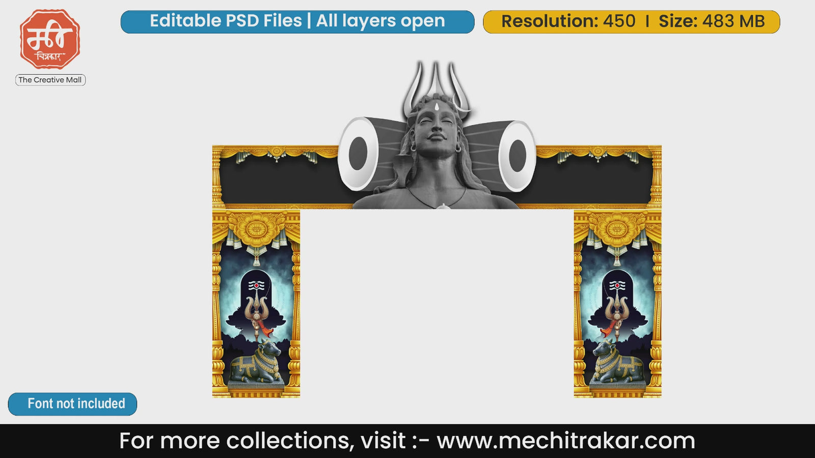 Black and gold themed Lord Shiva face with Trishul and Nandi entry gate editable PSD template.