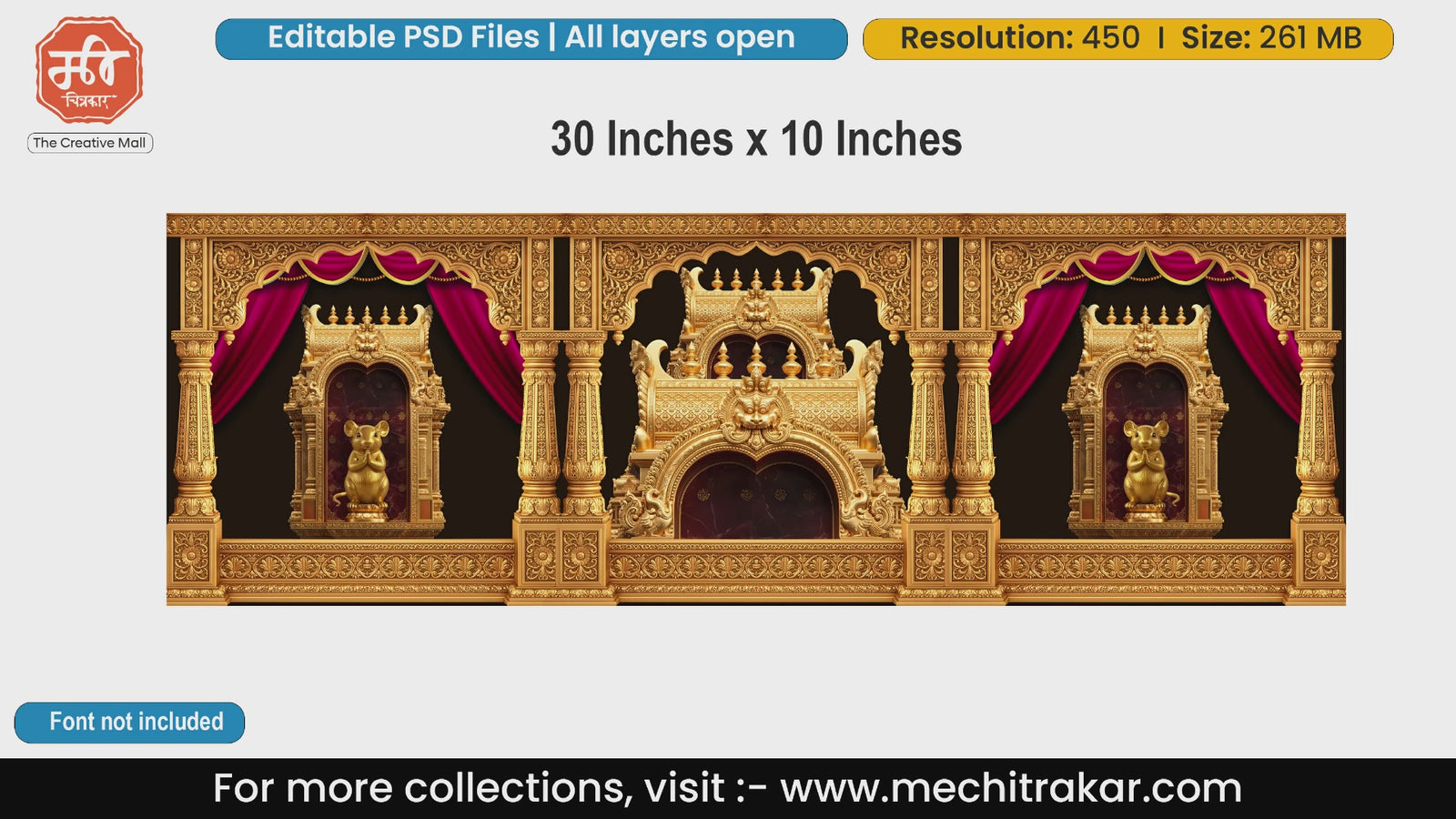Golden temple backdrop editable PSD template featuring red curtains, central shrine, and golden Mooshak statues for Ganesh Chaturthi.