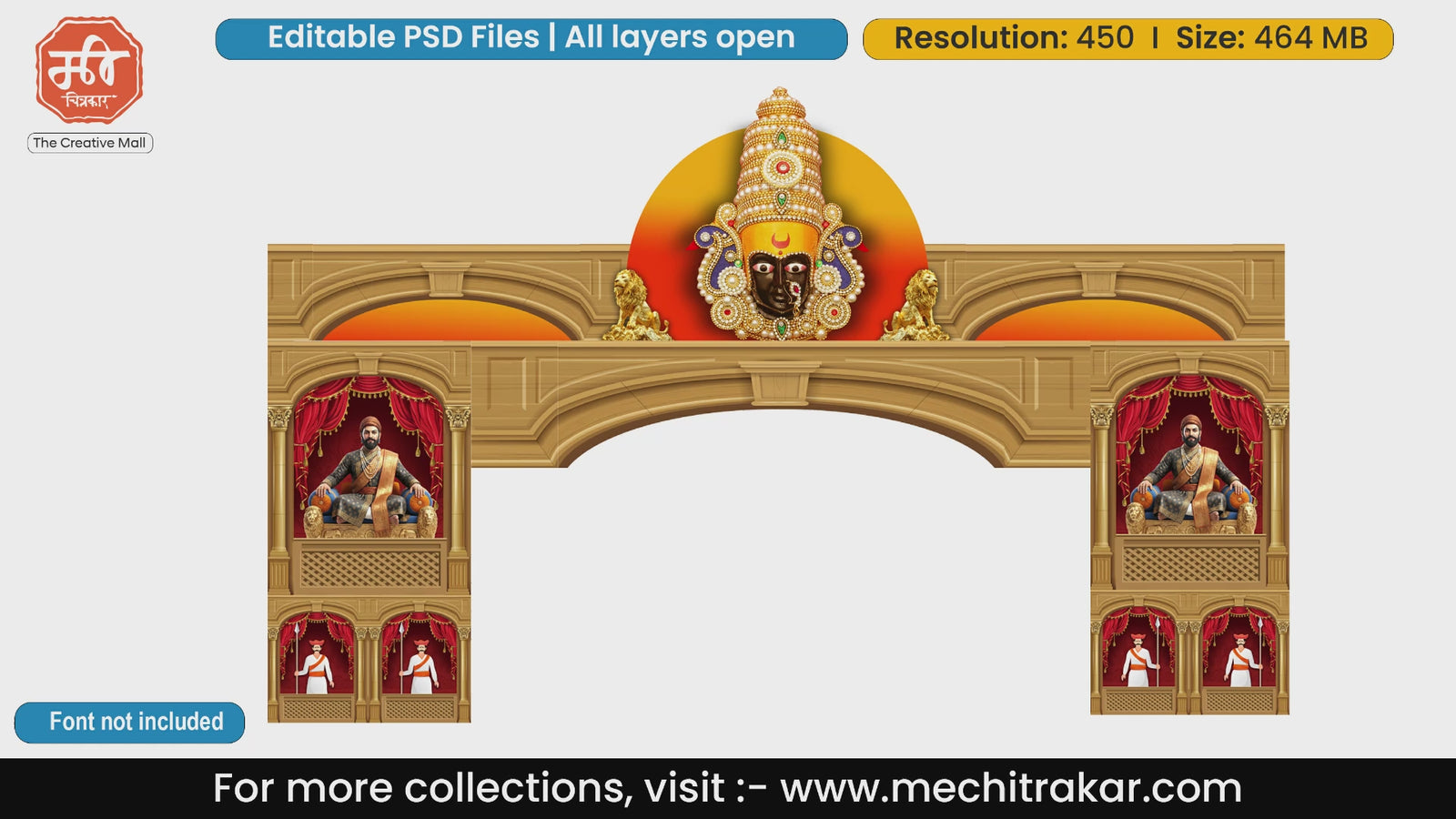 Tulja Bhavani Goddess and Shivaji Maharaj golden entry gate editable PSD template.