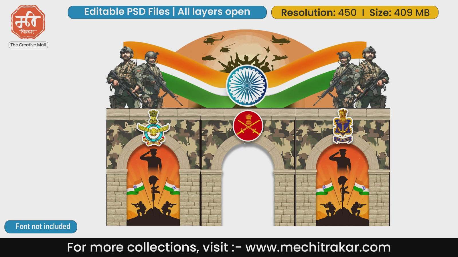 Indian Army and Defense Forces Republic Day theme welcome gate editable PSD template with tricolor.