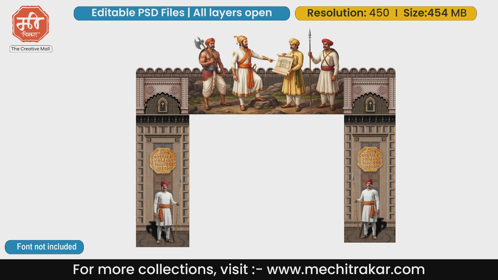Editable PSD template of Chhatrapati Shivaji Maharaj planning Swarajya with Maratha Sardars on a light brown fort entry gate for flex businesses.