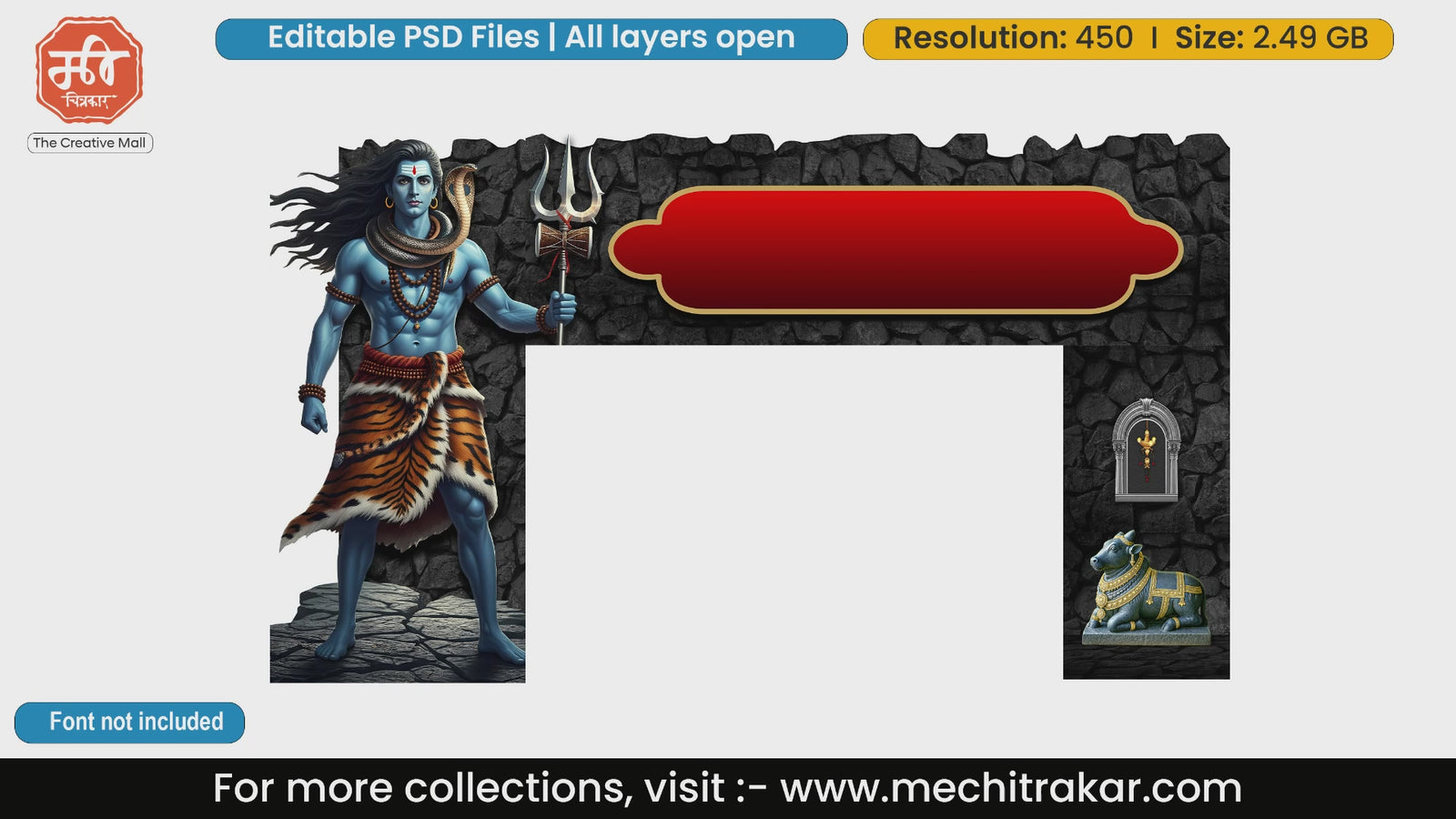Editable PSD template of standing Lord Shiva entry gate with Trishul, dark stone background, and Nandi for Mahashivratri festivals.