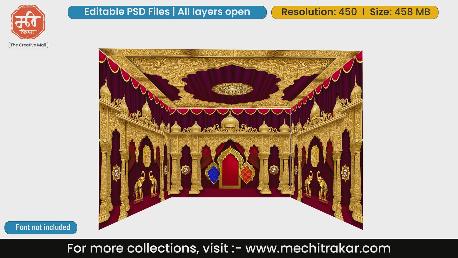 Traditional golden pillar and maroon curtain 4 Side Decoration editable psd template with elephant figures