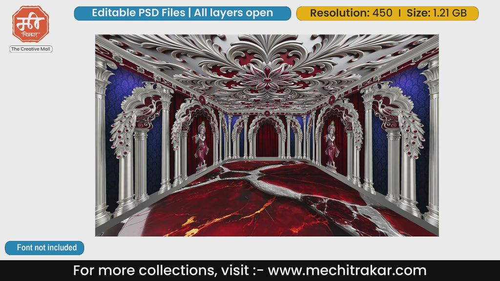Silver Peacock Krishna Palace with Red Marble Flooring – Editable PSD Backdrop