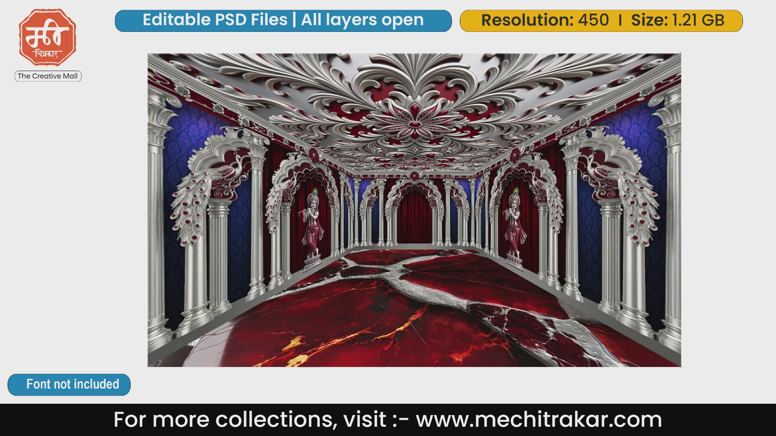 Silver Peacock Krishna Palace with Red Marble Flooring – Editable PSD Backdrop