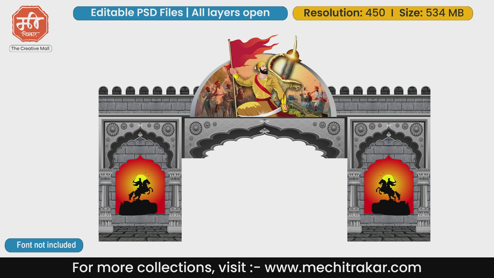 Editable PSD template of Swarajya fort entry gate design featuring Chhatrapati Shivaji Maharaj holding a sword and saffron flag with Mawale silhouettes.