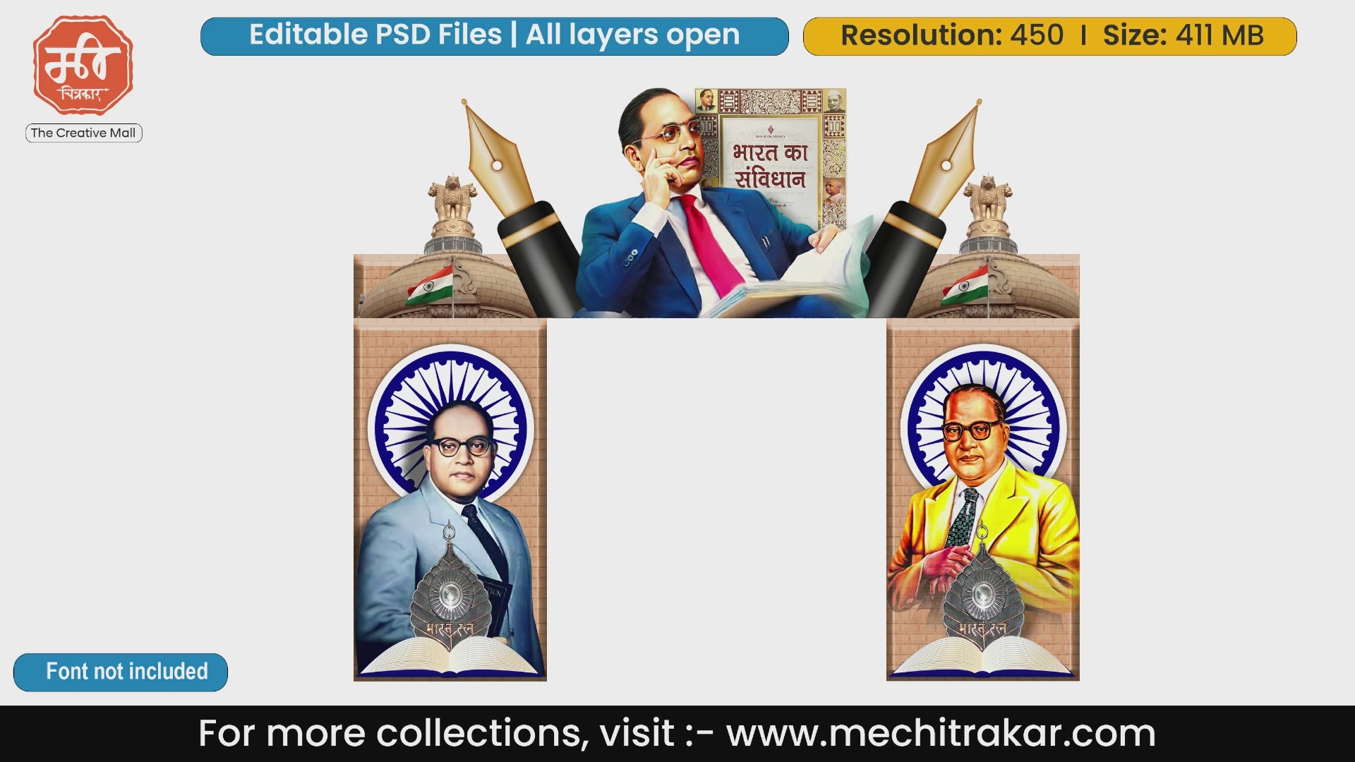 Bharat Ka Samvidhan and Dr. Ambedkar entry gate editable PSD template featuring large pens and Ashoka Pillar.