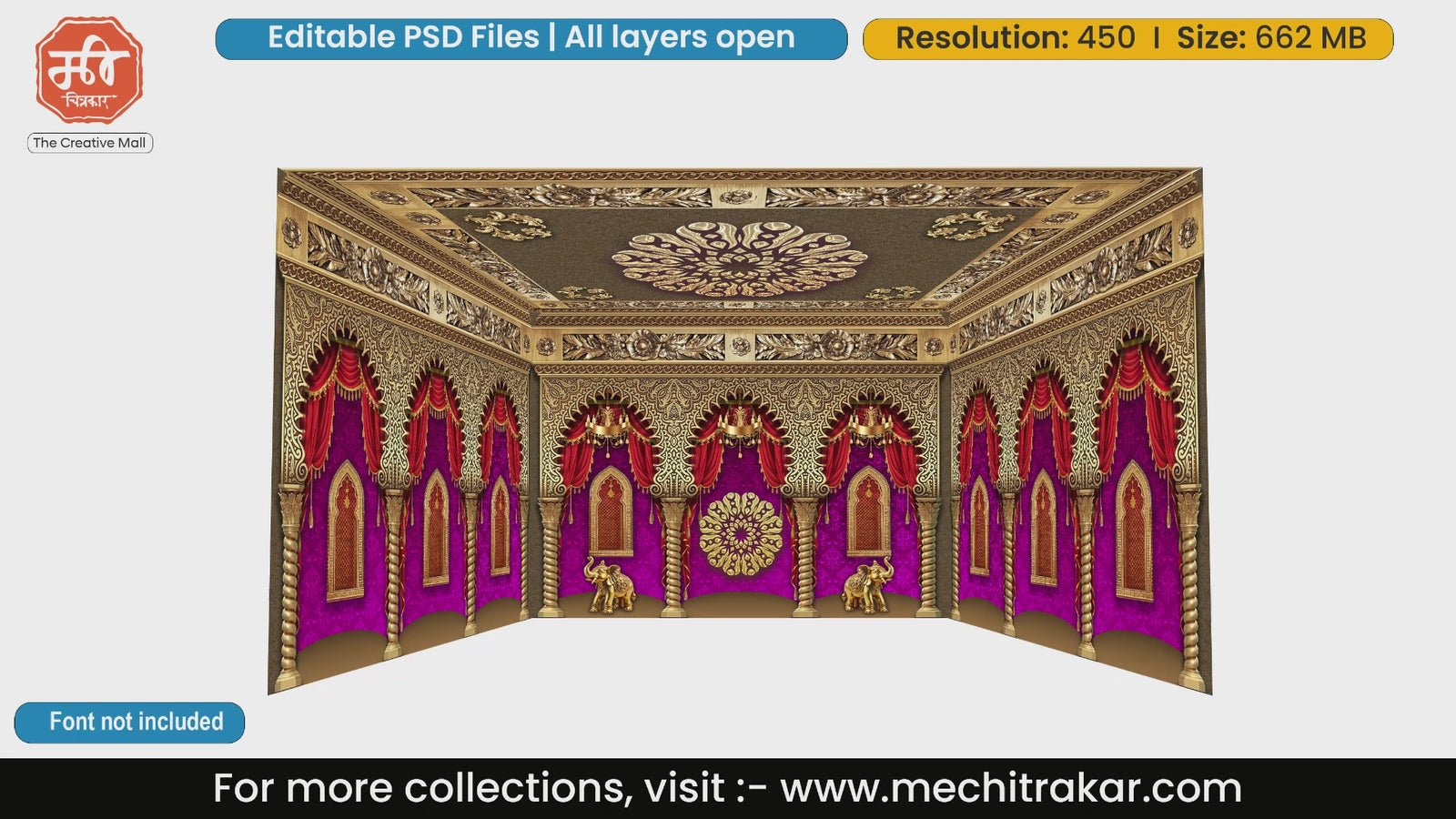 Regal purple backdrop with golden arches and elephants 4 Side Decoration editable psd template tailored for traditional Maharashtrian events.
