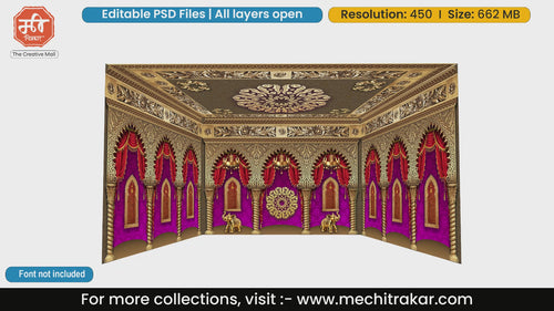Regal purple backdrop with golden arches and elephants 4 Side Decoration editable psd template tailored for traditional Maharashtrian events.