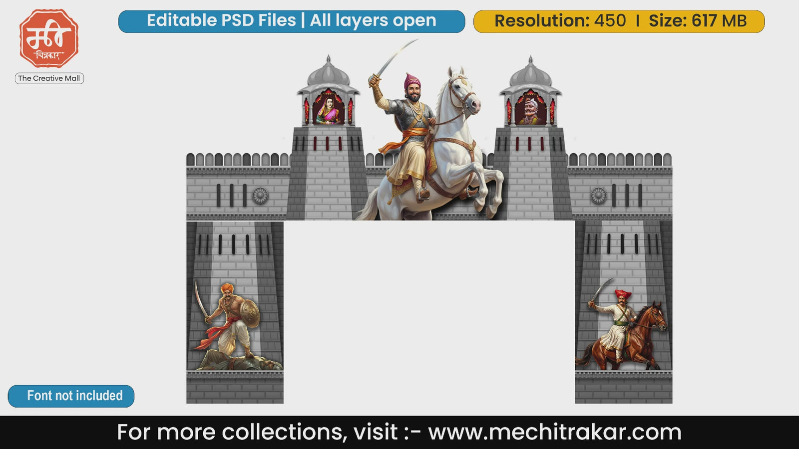Action packed fort theme Shivjayanti entry gate editable PSD template with Chhatrapati Shivaji Maharaj on horseback and warriors