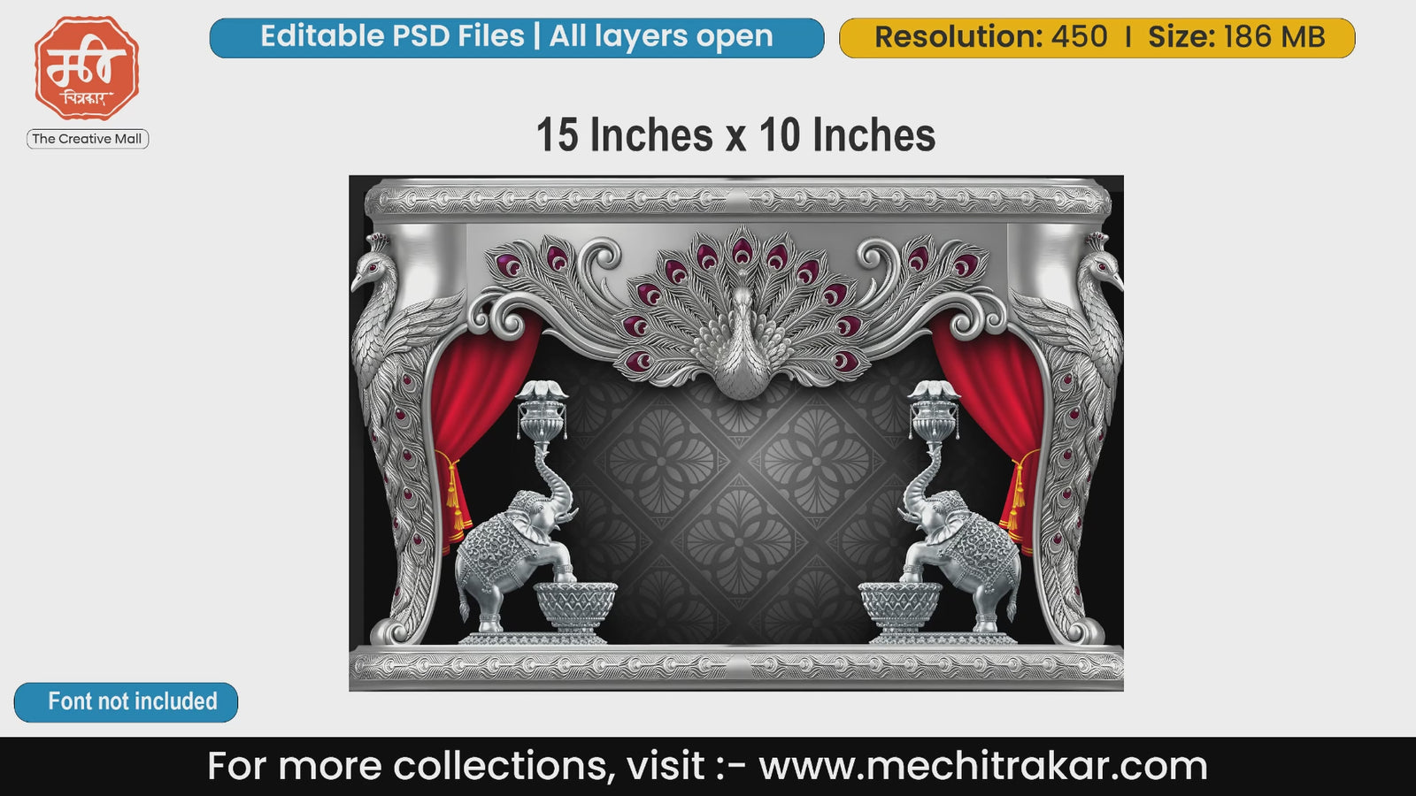Royal silver stage background editable PSD template with grand metallic peacock and elephant statues for premium event banners.