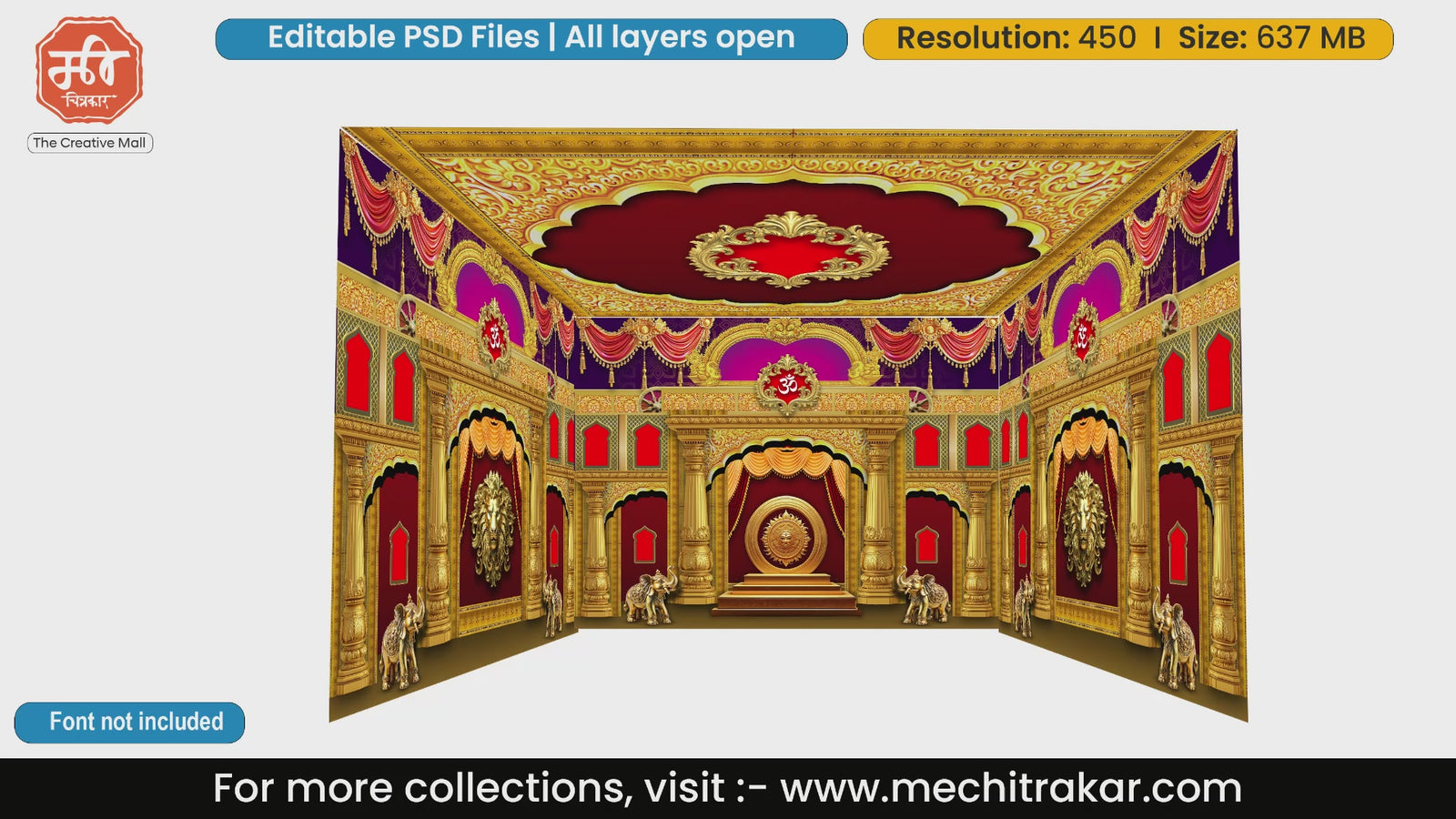 Grand golden stage with lion motifs 4 Side Decoration editable psd template for festival banners.