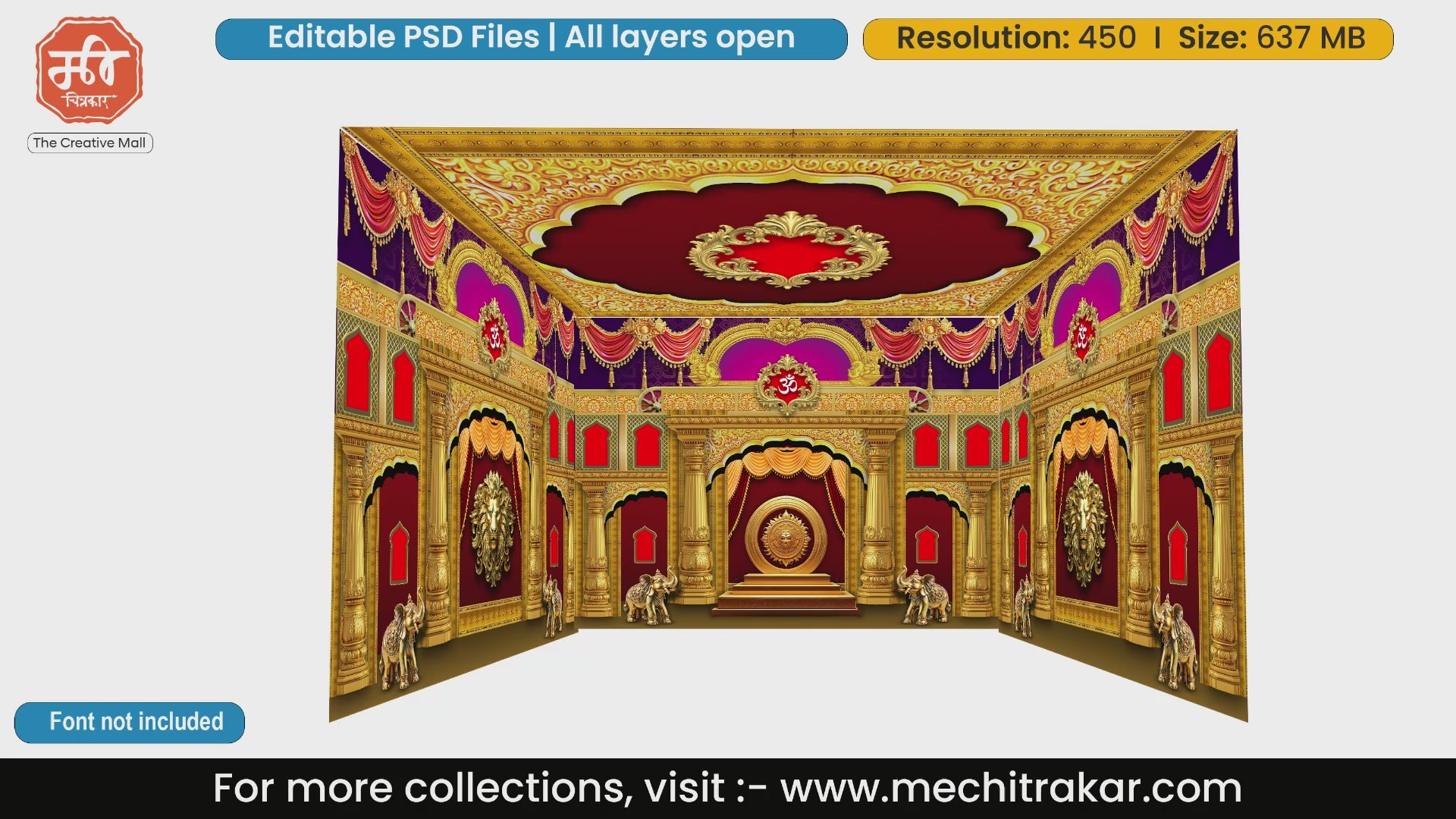Grand golden stage with lion motifs 4 Side Decoration editable psd template for festival banners.
