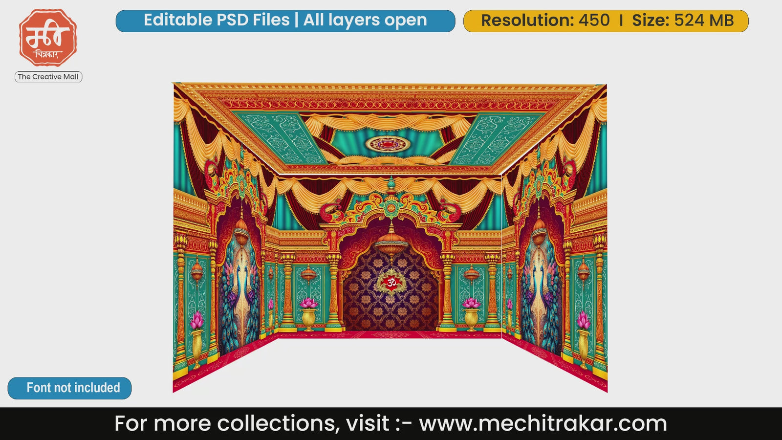 Royal red and teal traditional Indian mandap with peacock motifs and Om symbol