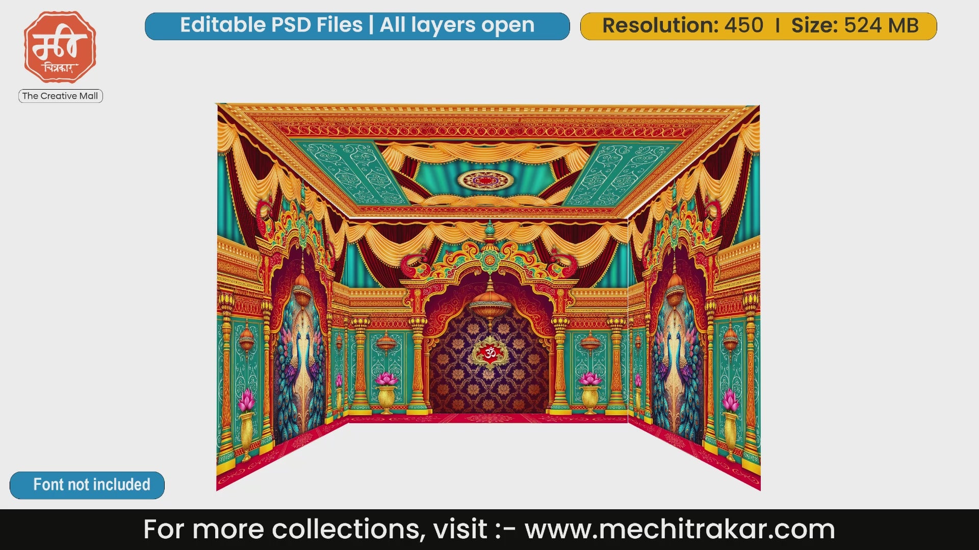 Royal red and teal traditional Indian mandap with peacock motifs and Om symbol