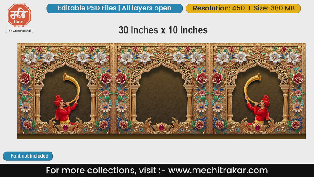 Maharashtrian cultural backdrop editable PSD template featuring Mawale blowing Tutari amidst floral arches.