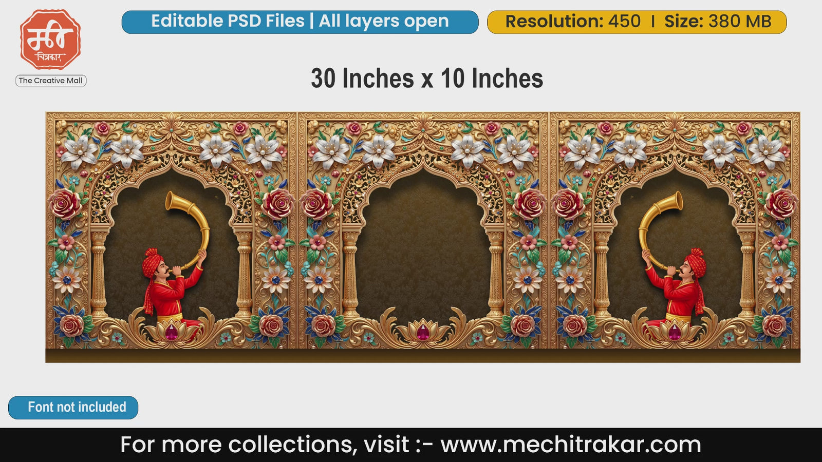 Maharashtrian cultural backdrop editable PSD template featuring Mawale blowing Tutari amidst floral arches.