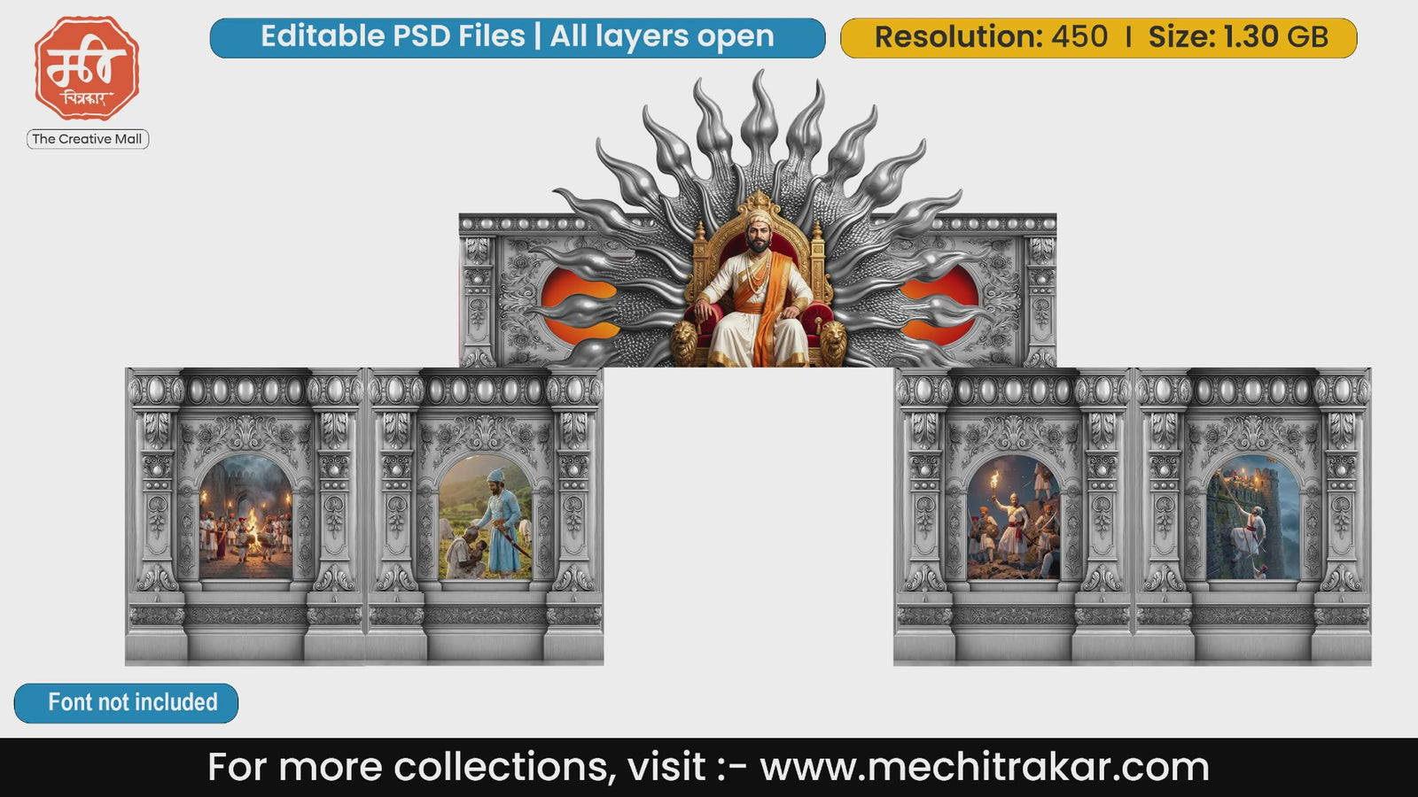Editable PSD template of Shivjayanti gate featuring Chhatrapati Shivaji Maharaj on a silver sunburst throne with brave Mawale scaling fort walls
