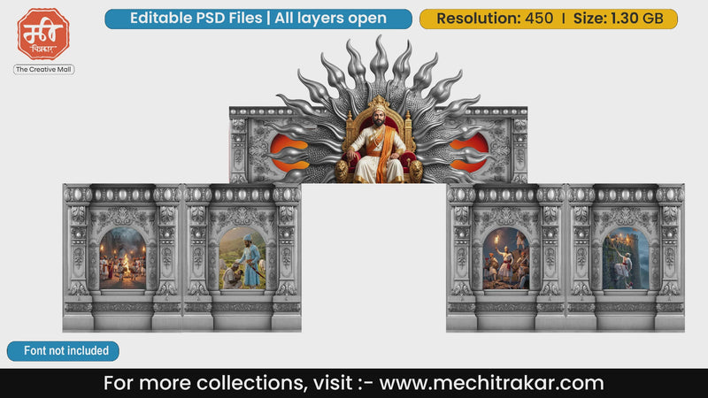 Editable PSD template of Shivjayanti gate featuring Chhatrapati Shivaji Maharaj on a silver sunburst throne with brave Mawale scaling fort walls