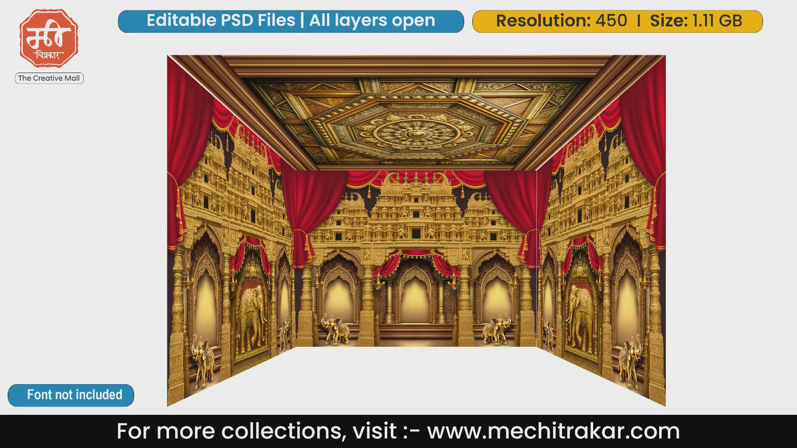 Golden Indian temple with elephants 4 Side Decoration editable psd template for traditional stages