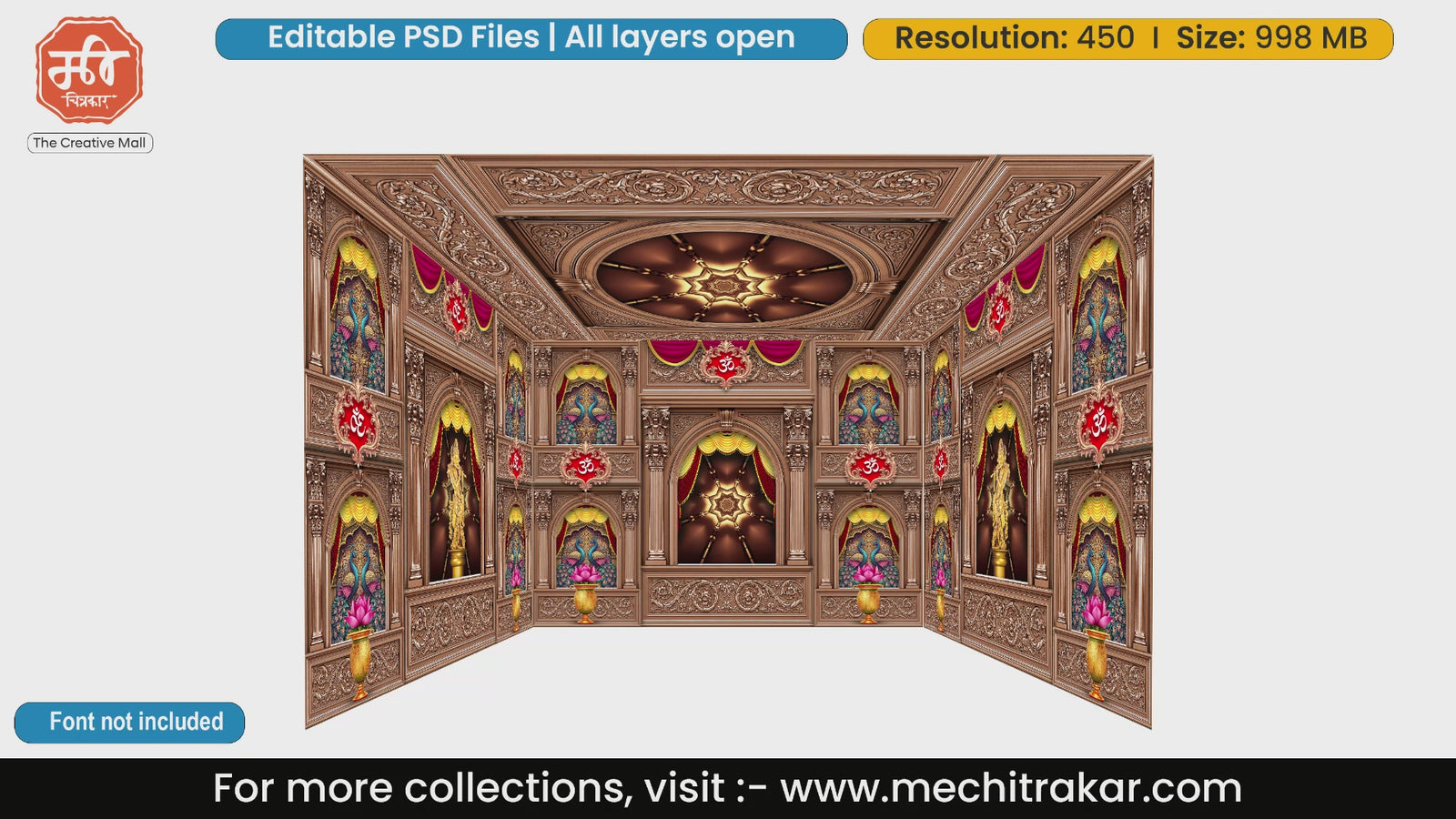 Carved wooden temple deities 4 Side Decoration editable psd template for cultural posters