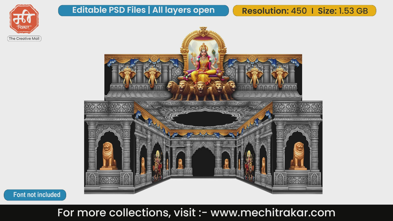 Silver and gold temple stage with deity for 5 Side Decoration editable psd template